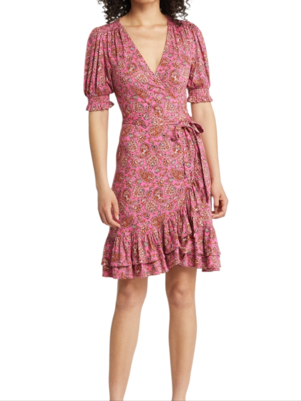 Boden Pink Paisley Ruffle Wrap Jersey Mini Dress. Size 14
